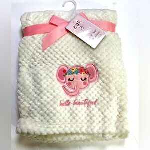 Zak & Zoey Off White Baby Blanket with Hello Beautiful Pink Elephant